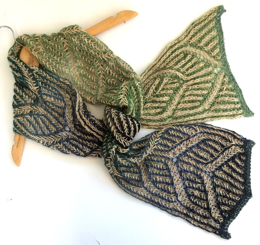 Reversible green & blue wool lace scarf