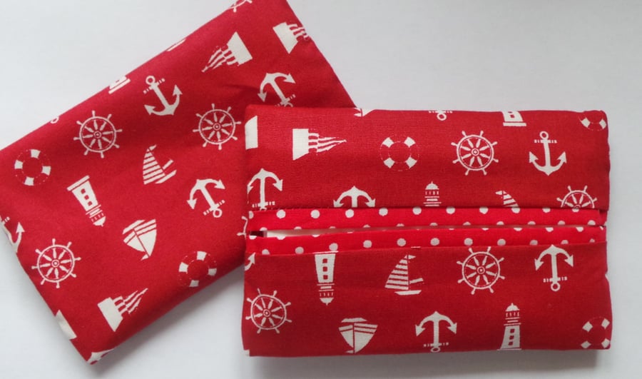 Pocket Tissue Holder Red Nautical floral fabric hand made