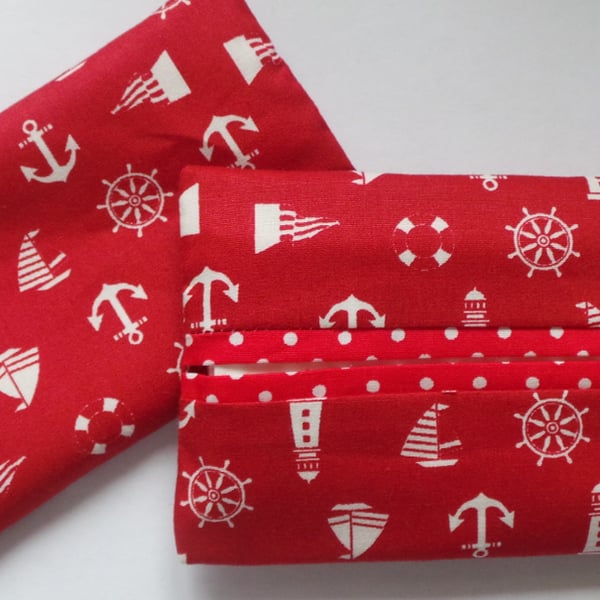 Pocket Tissue Holder Red Nautical floral fabric hand made