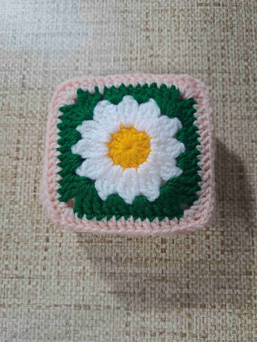 Daisy with leaves and peach boarder crochet block