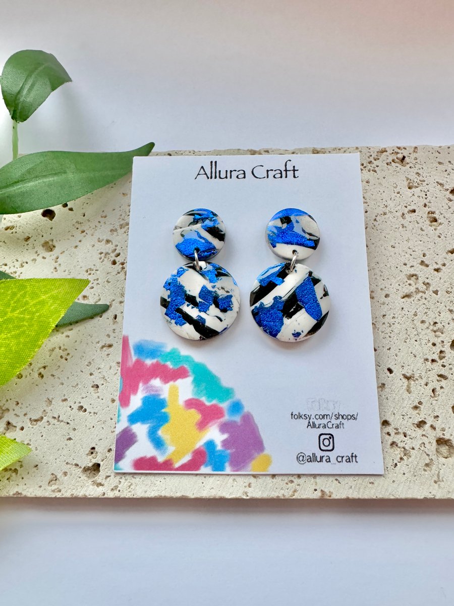 Electric Blue Black & White Double Circle Earrings