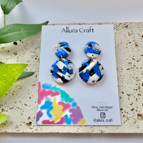 Electric Blue Black & White Double Circle Earrings