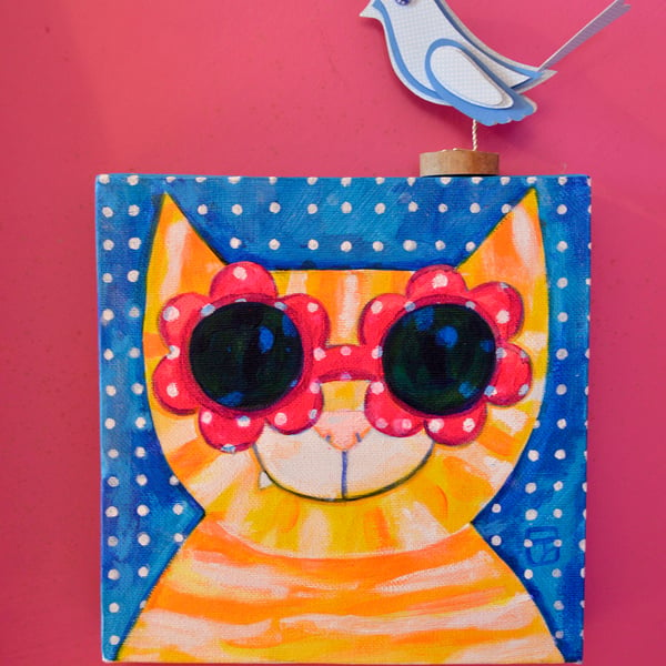 Cool Shades Polka dot cat painting on canvas by Jo Brown - Affordable art