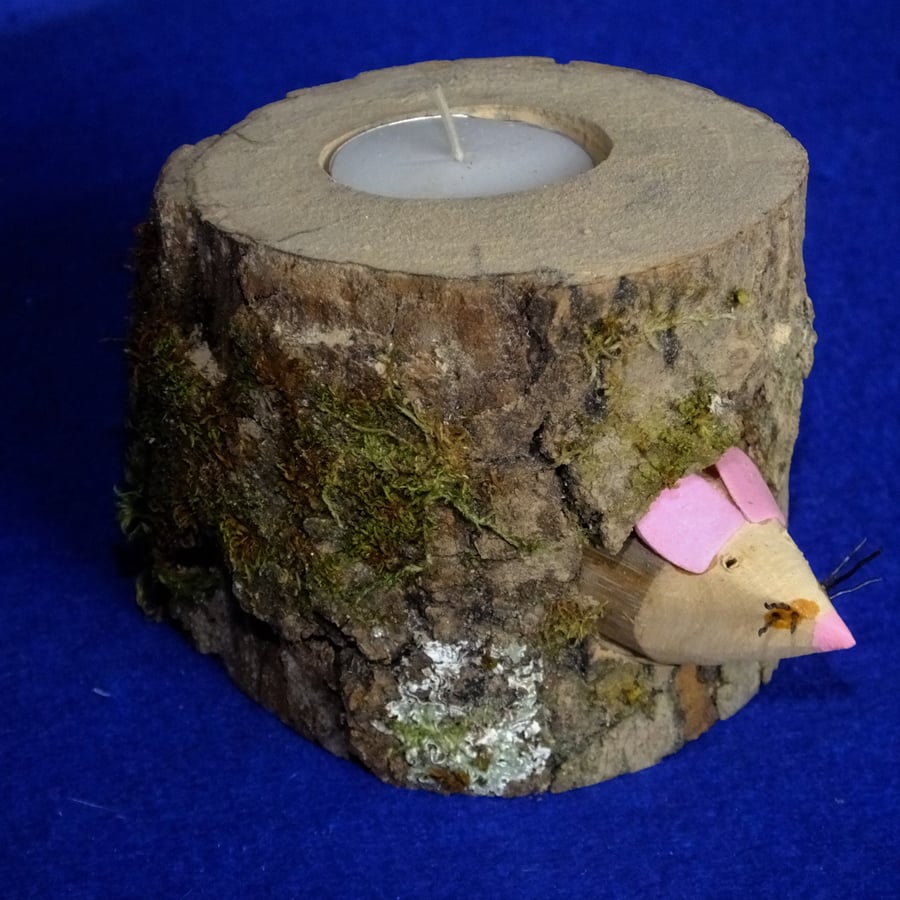 Wooden tealight candle holder with little mouse peeking out of mousehole