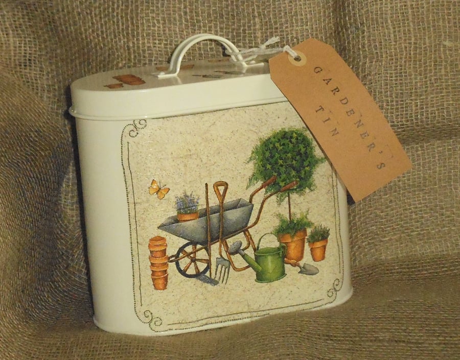 Decorated Gardener's Tin attractive storage for gardening twine labels seeds  