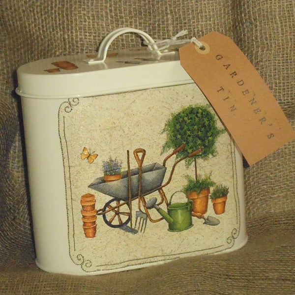 Decorated Gardener's Tin attractive storage for gardening twine labels seeds  
