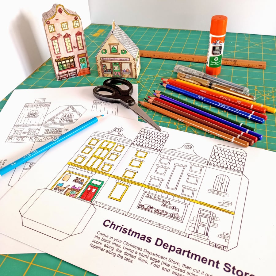 Colour-and-Cut Christmas Houses: Bookshop, Cottage, Townhouse, Store