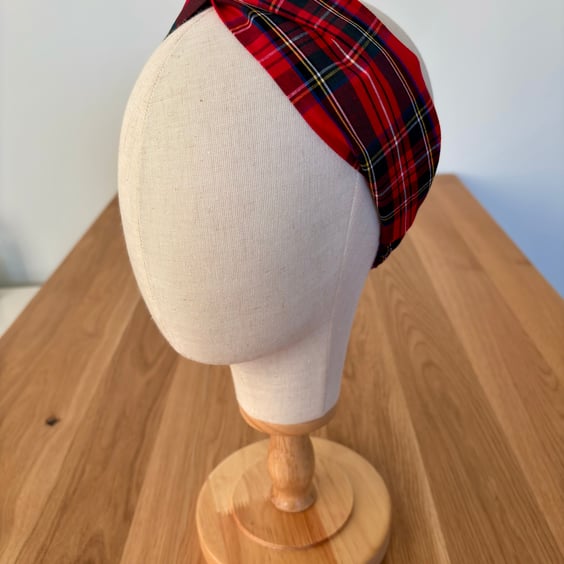 Cotton headband, twist knot style hairband in festive red tartan