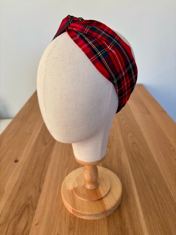 Cotton headband, twist knot style hairband in festive red tartan