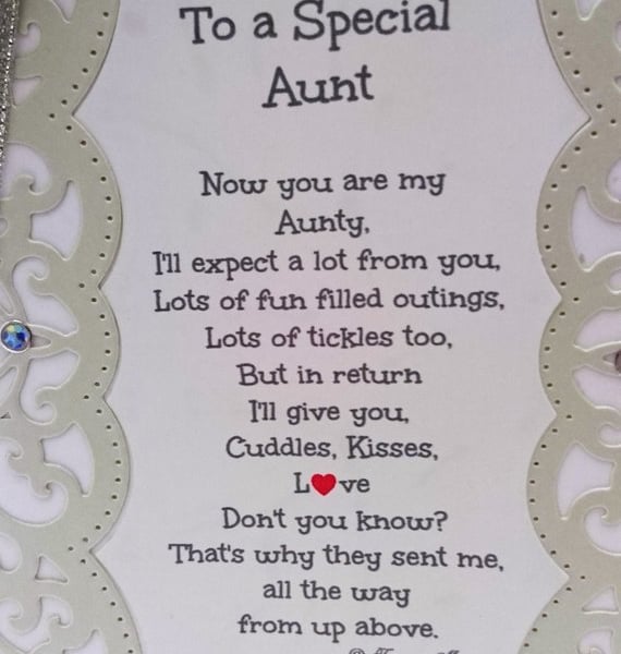 New Baby Card To A Special Aunt Keepsake Card with Verse FREE P&P to UK