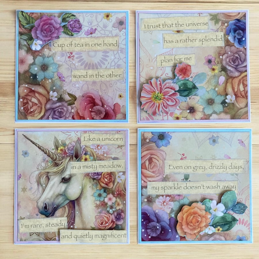 Set of Four Handmade Magical Unicorn Positivity Greetings Cards