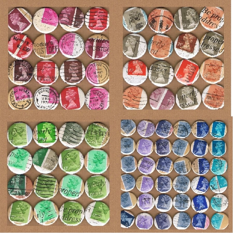 Upcycled vintage postage stamp badge - Machin - LUCKY DIP! with Mini Notecard