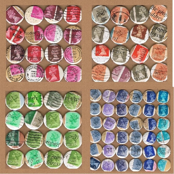 Upcycled vintage postage stamp badge - Machin - LUCKY DIP! with Mini Notecard