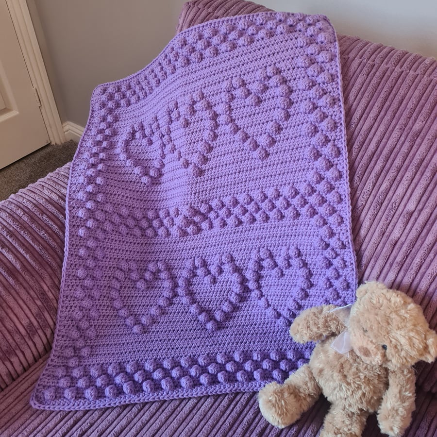 Crochet Baby Blanket - Choose Your Colour - Bobble Heart Pram Size - Baby Girl