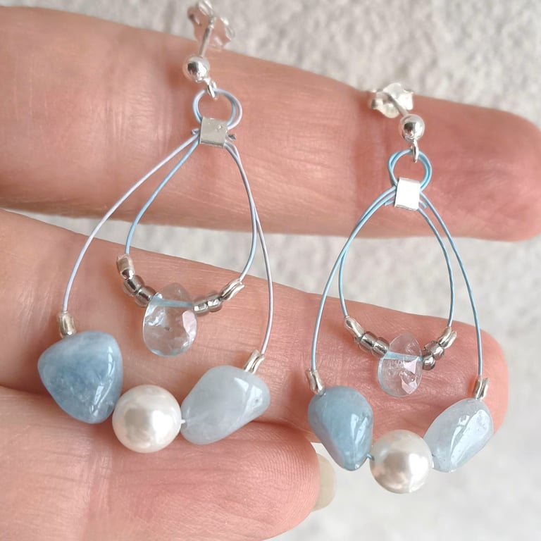 Natural Aquamarine Sterling Silver Earring With Shell Pearl, Pale Blue Gemstone