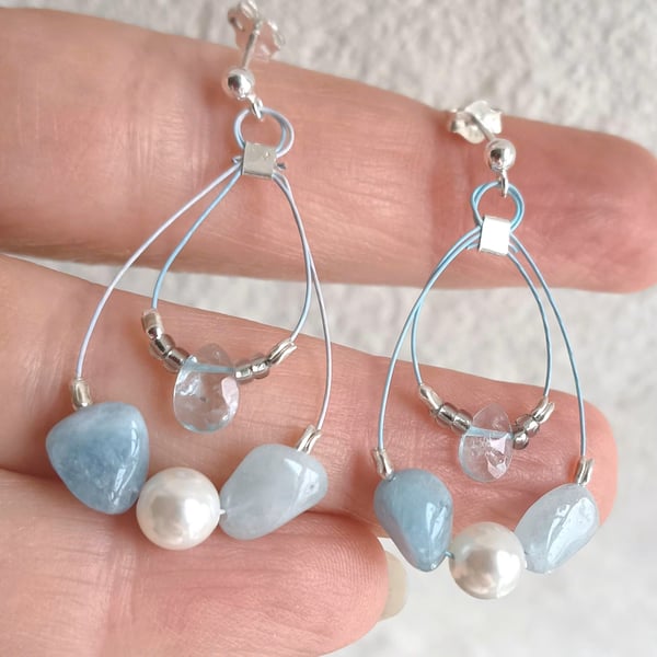 Natural Aquamarine Sterling Silver Earring With Shell Pearl, Pale Blue Gemstone