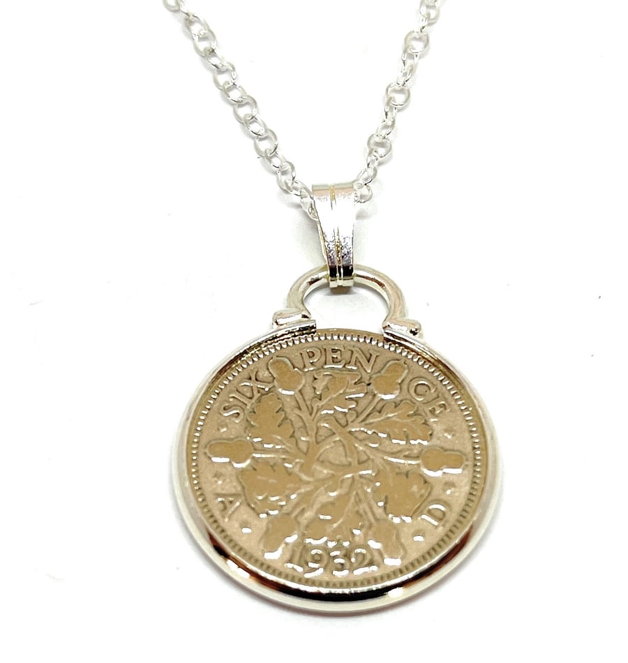 1932 92nd Birthday Anniversary sixpence coin pendant plus 18inch SS chain gift