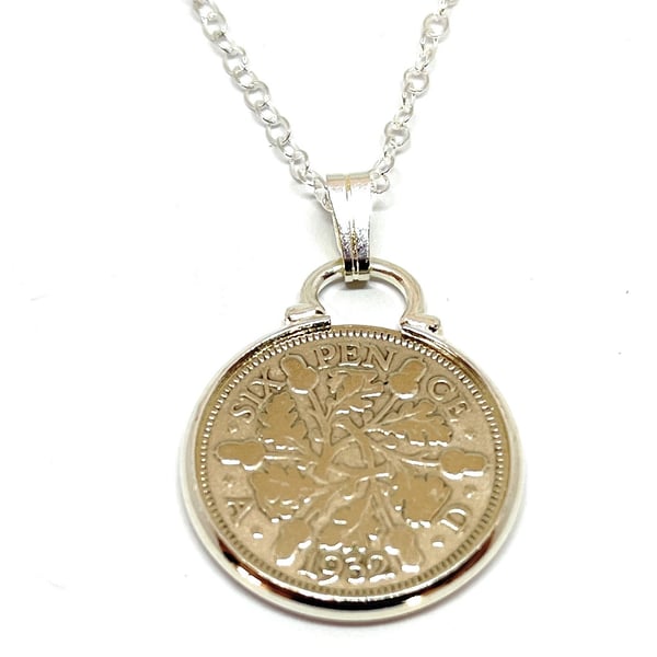 1932 92nd Birthday Anniversary sixpence coin pendant plus 18inch SS chain gift