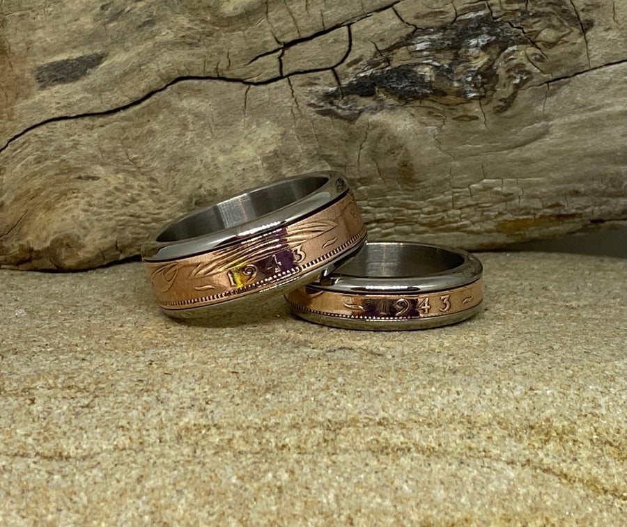 Titanium band Vintage Pre-Decimal Penny Spinning Coin Ring , Special Gift 