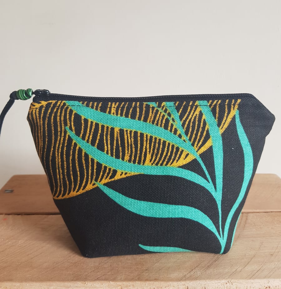 Zipped pouch: contemporary leaf design on black