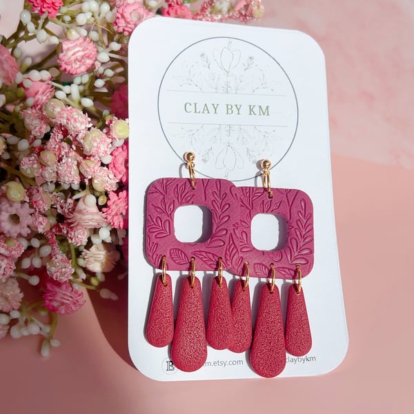 Burgundy dangle clay earrings for her, Lightweight handmade jewellery for gift