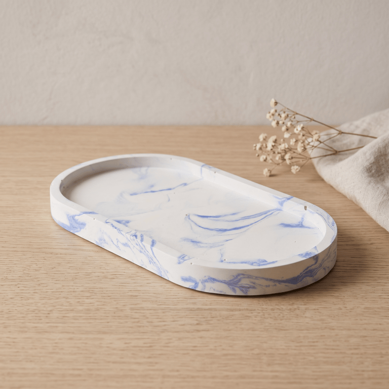 Blue and White Marbled Oval Jewellery Tray, Decorative Catchall Dish