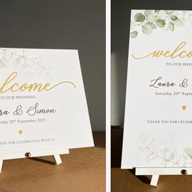 Simple Eucalyptus branch WELCOME to the WEDDING sign table decor green foliage