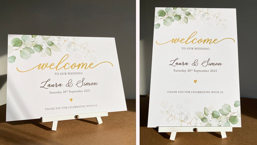 Simple Eucalyptus branch WELCOME to the WEDDING sign table decor green foliage