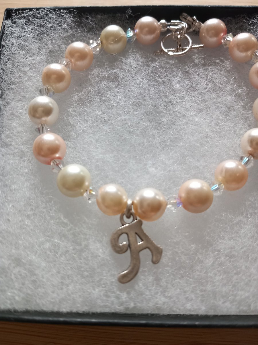 Sterling silver cream pearl bracelet for mothers day gift wedding initial 