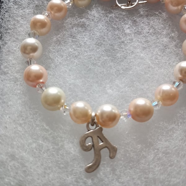 Sterling silver cream pearl bracelet for mothers day gift wedding initial 