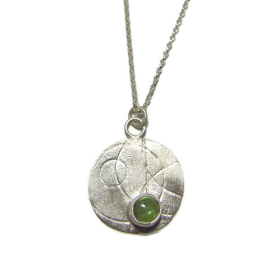 Sterling Silver Disc Pendant. Natural Green Kyanite Gemstone  