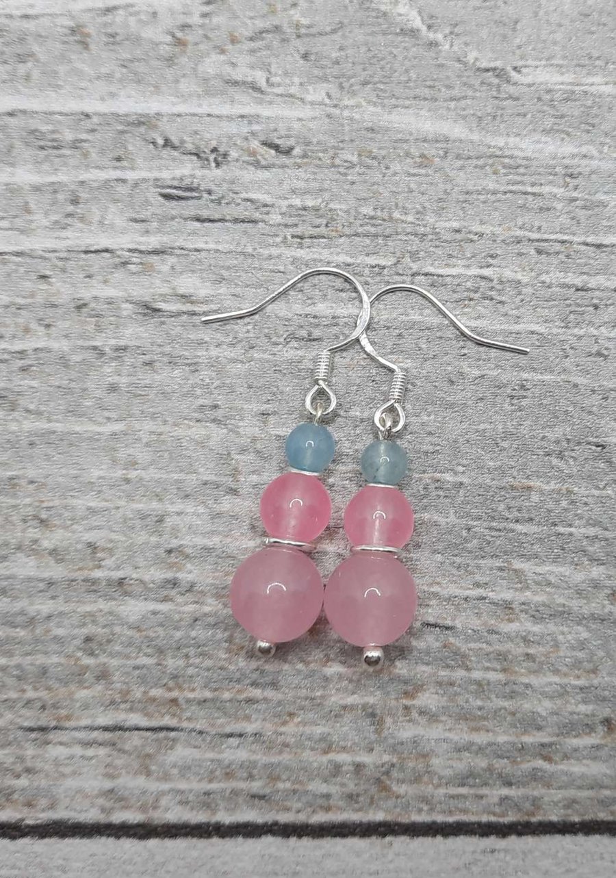 Pretty Pastel Sterling Silver Rose Quarts & Amazonite Drop earrings