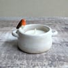 Small ceramic tealight holder with mini robin, white glaze