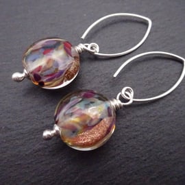 lampwork glass goldstone earrings, sterling silver jewellery