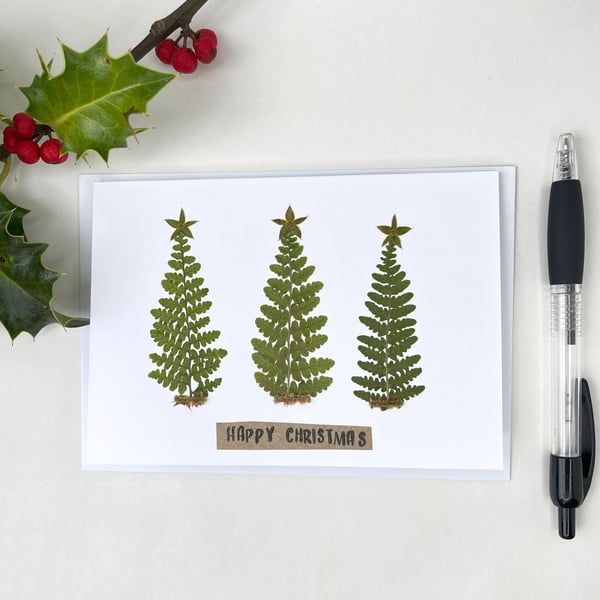 Handmade Real Pressed Ferns Trio of Christmas Trees Christmas Card
