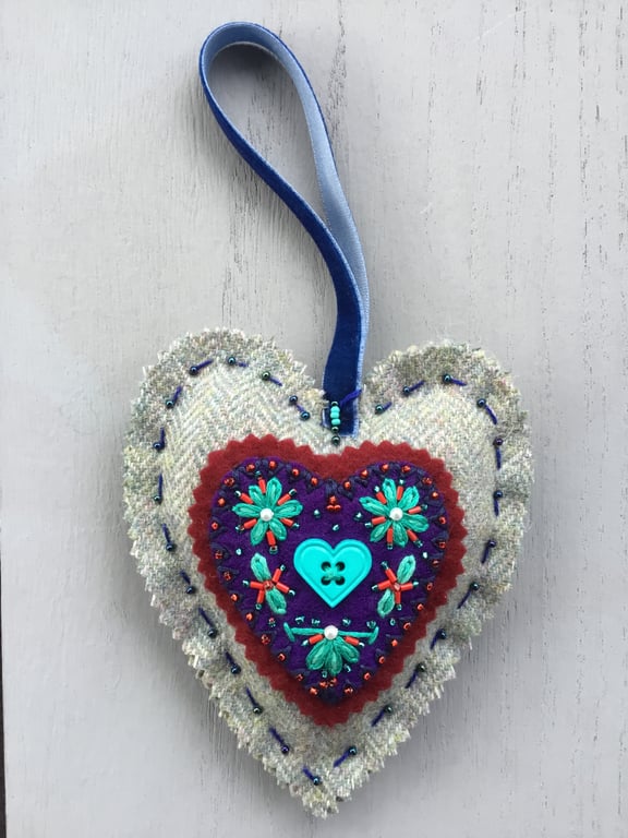 Hand Embroidered Berry Blue Heart Hanging Decoration 