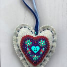 Hand Embroidered Berry Blue Heart Hanging Decoration 