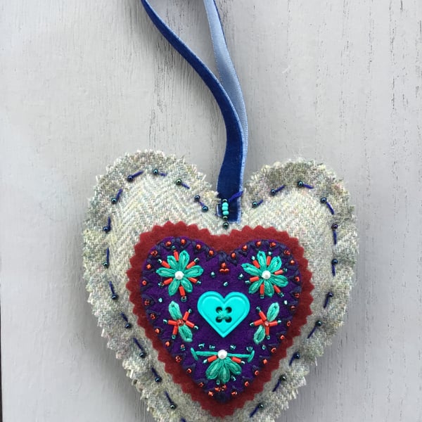 Hand Embroidered Berry Blue Heart Hanging Decoration 