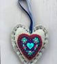 Hand Embroidered Berry Blue Heart Hanging Decoration 