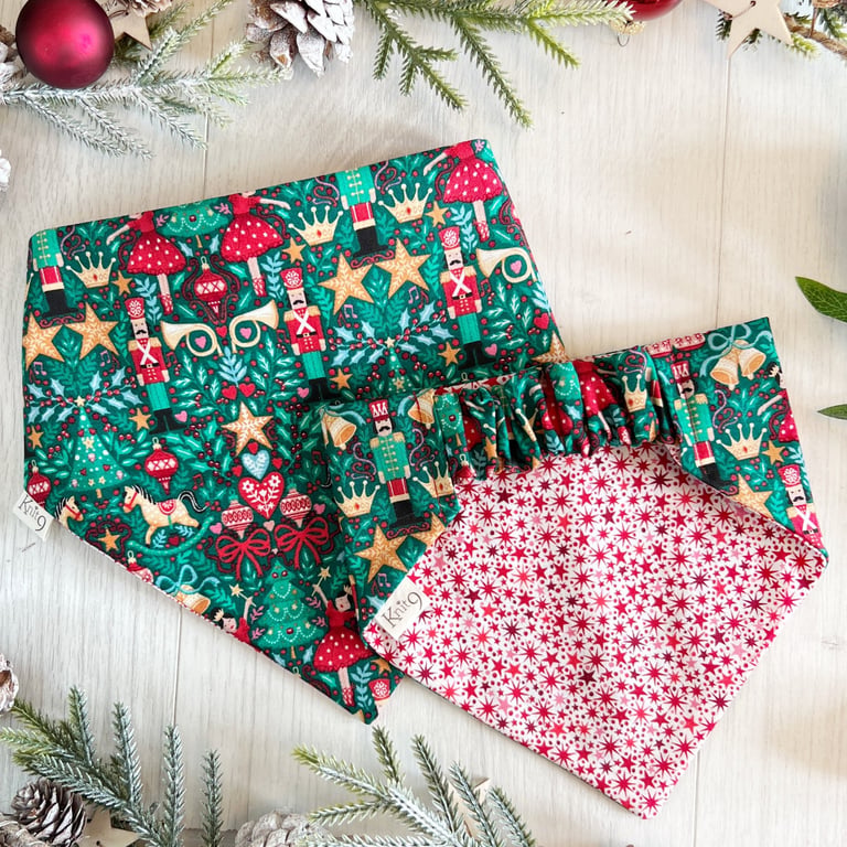 Christmas Dog Bandana Scrunchie Back Fully Reversible Nutcracker & Stars