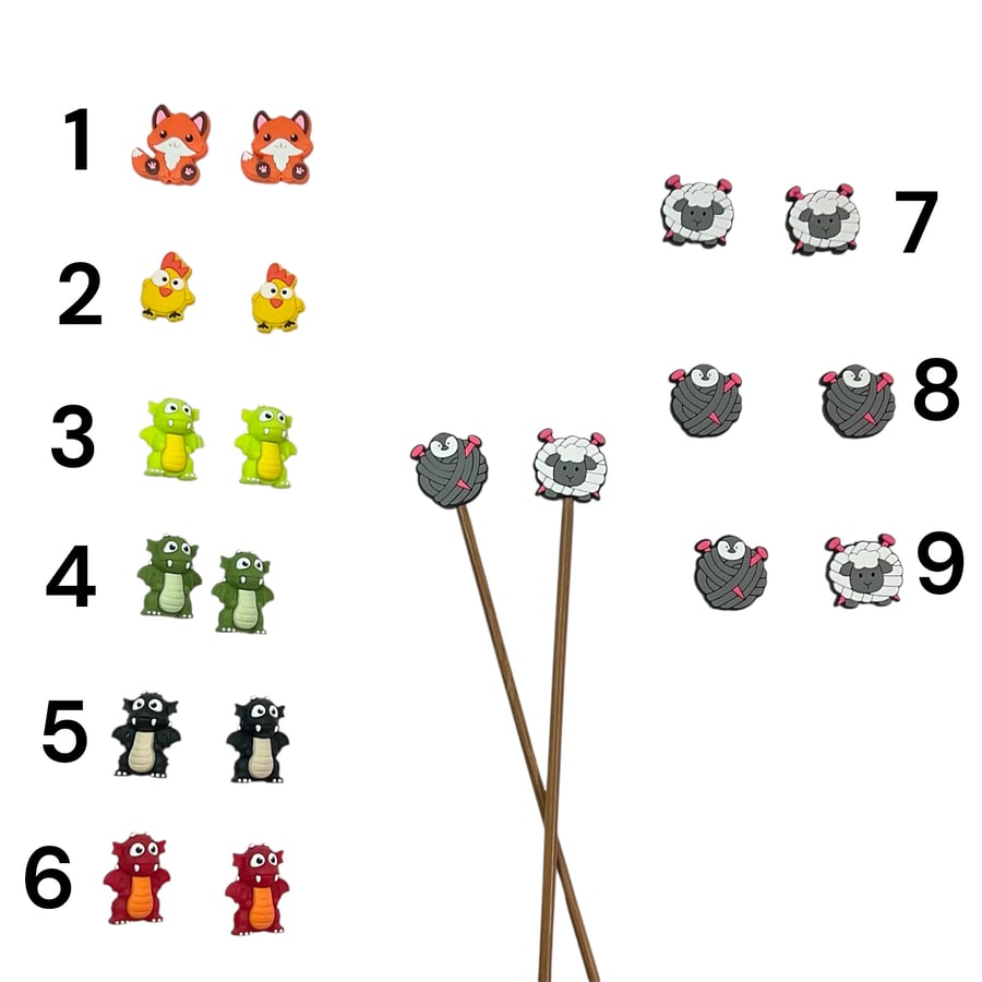 Stitch stoppers for knitting needles in dragon and animal shapes , silicone