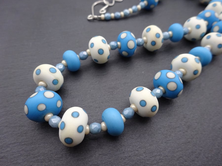lampwork glass beaded necklace, blue and ivory spots