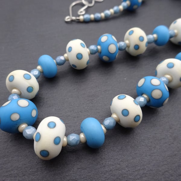 lampwork glass beaded necklace, blue and ivory spots