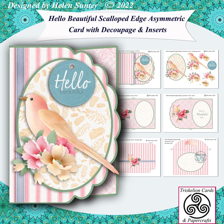 Printable Hello Beautiful Scalloped Edge Asymmetric Decoupage Card Making Kit wi