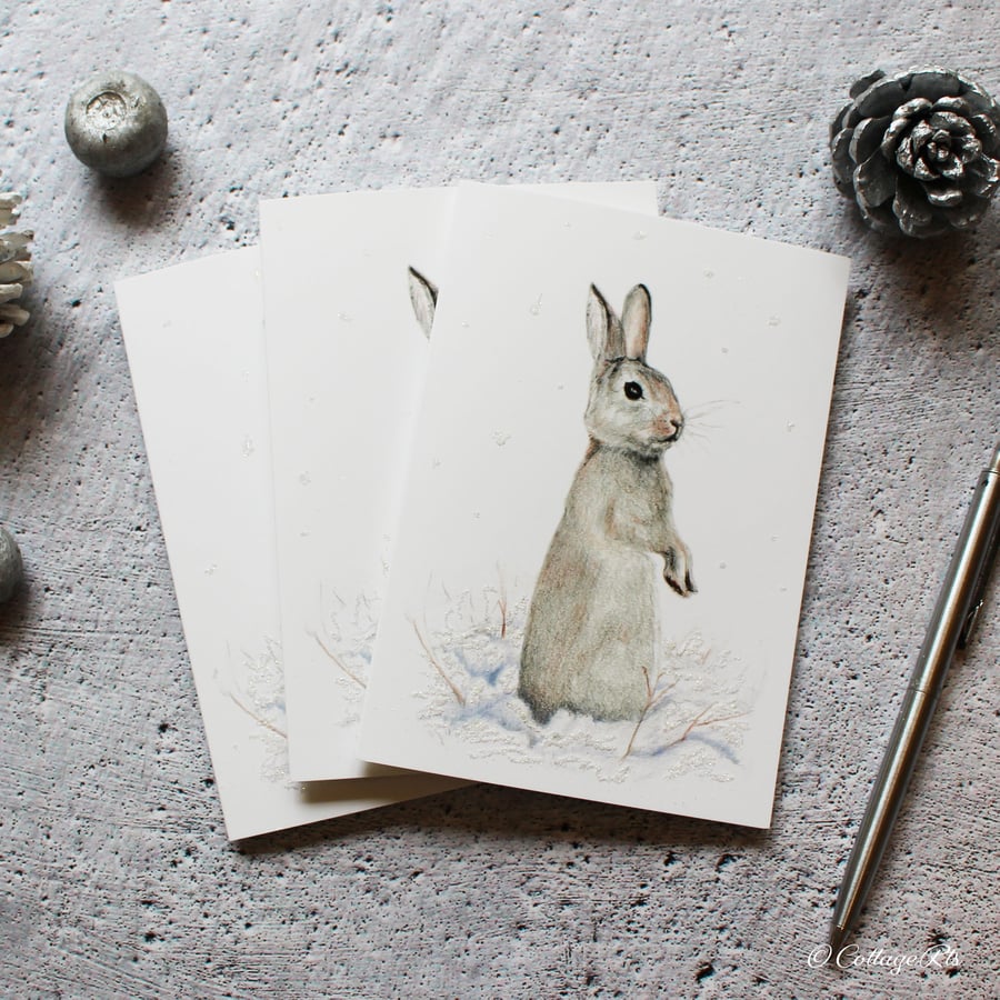 Pack of 6 Rabbit Christmas Cards Hand Designed and Finished By CottageRts