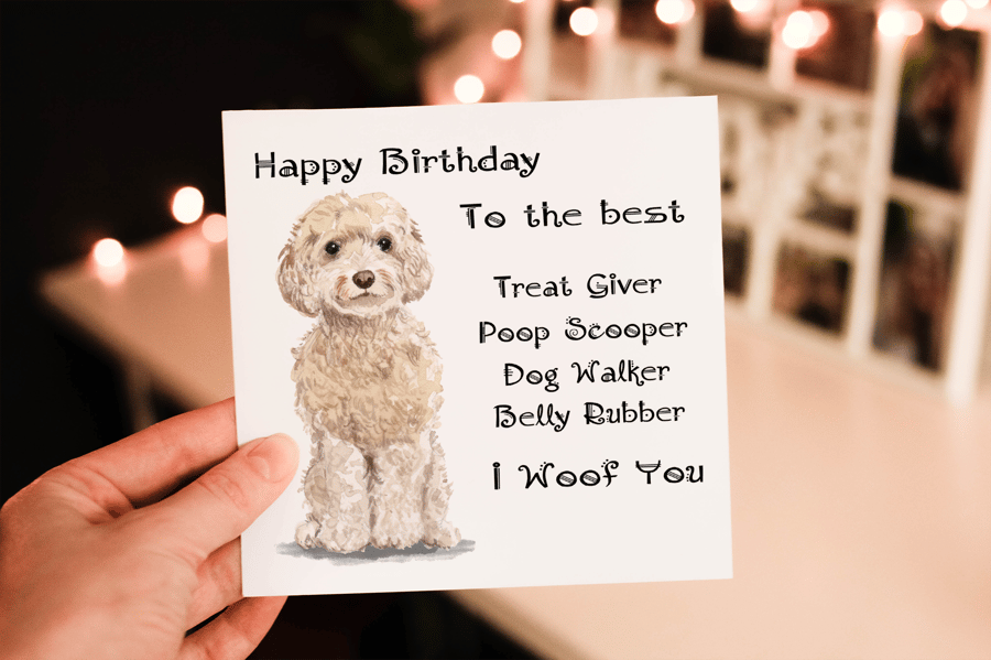 Cockapoo Champagne Dog Birthday Card, Dog Birthday Card, Personalized Dog Breed