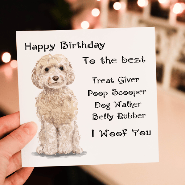 Cockapoo Champagne Dog Birthday Card, Dog Birthday Card, Personalized Dog Breed
