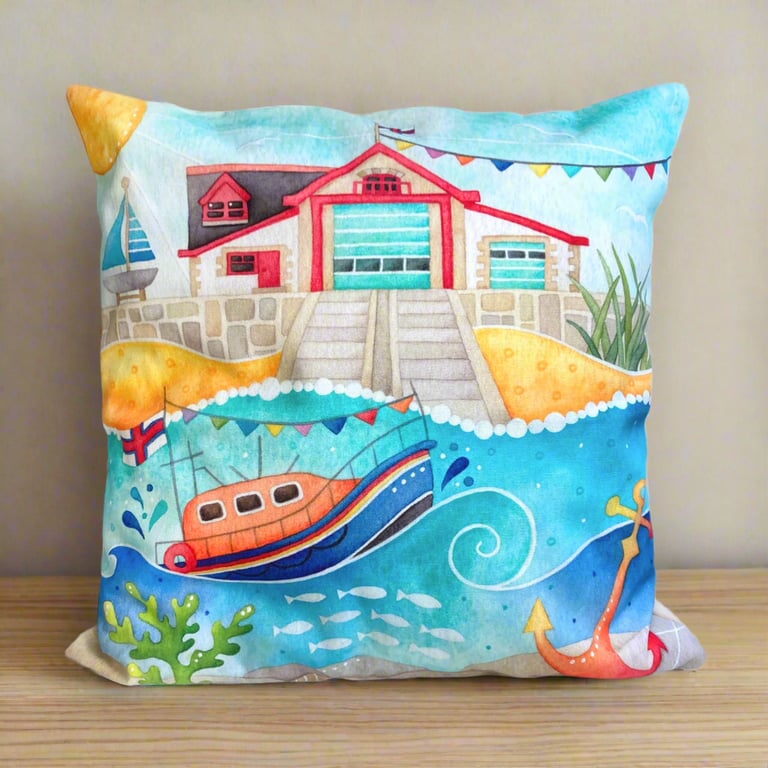Lifeboat Cushion Cover - Cute Seaside Art. Nautical Coastal Living Room Decor