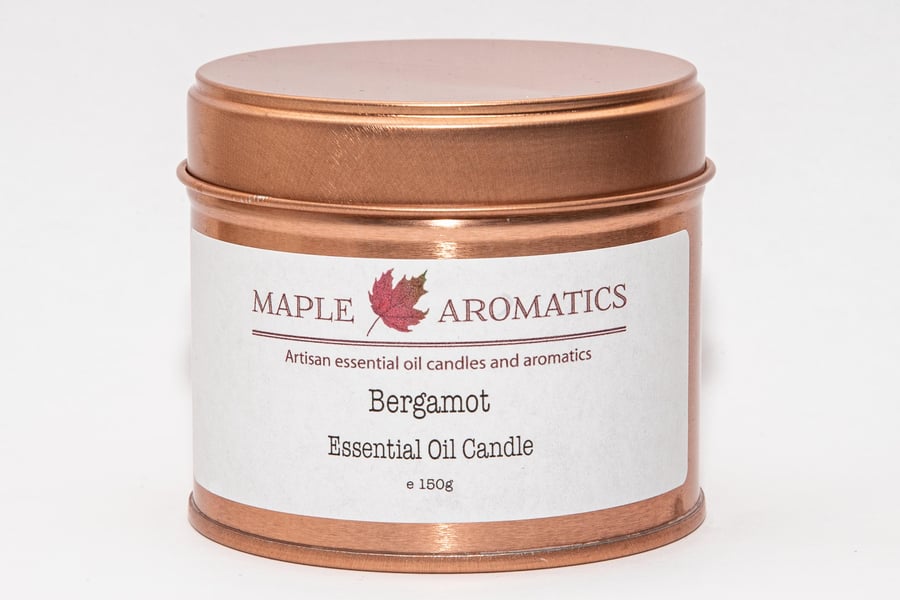 Maple Aromatics Bergamot Essential Oil and Soy Wax Rose Gold 150g Candle Tin