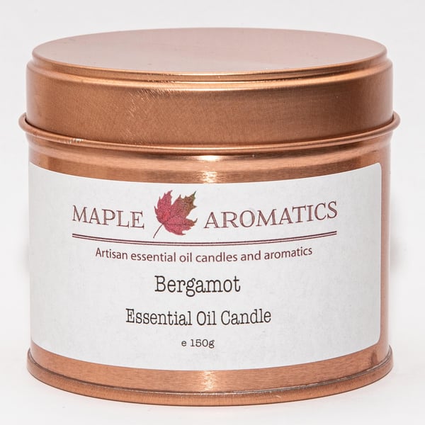 Maple Aromatics Bergamot Essential Oil and Soy Wax Rose Gold 150g Candle Tin